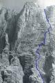 Cima Su Alto - schwarze Linie Livanosverschneidung noch vor dem Bergsturz - blaue Linie Ratti Vitali als lohnende Alternative zur Livanosverschneidung<br />(17. 07. 1993 mit Paul Gürtler)